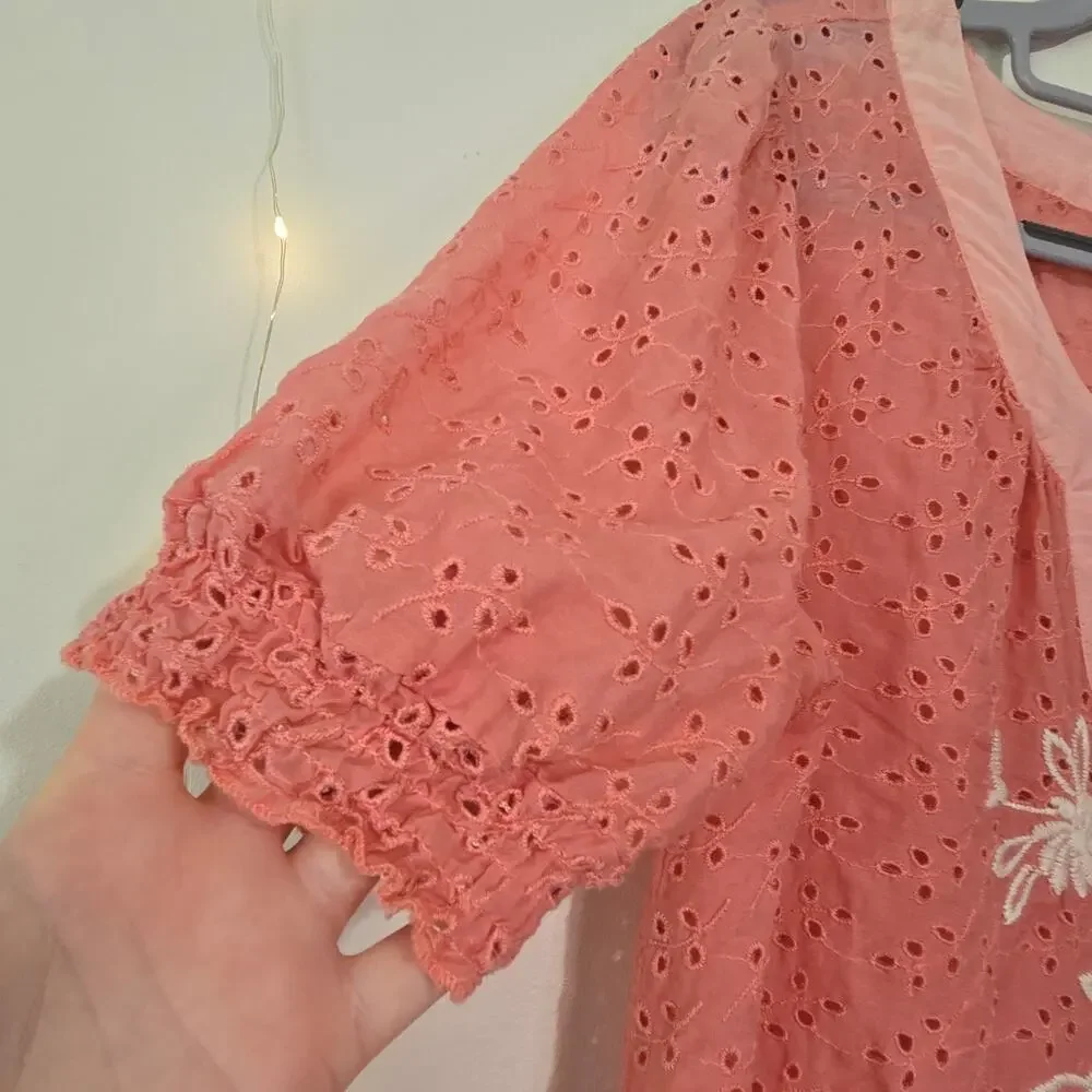 JOHNNY WAS 4 LOVE AND LIBERTY Silk Blend Eyelet Embroidered Blouse Small Coral